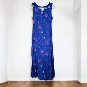 Vintage 90s Floral Corset Tie Back Long Maxi Dress Blue Purple Sleeveless 9/10